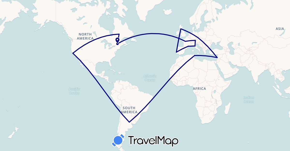 TravelMap itinerary: driving in Argentina, Canada, Czech Republic, Germany, France, United Kingdom, Italy, Lebanon, Portugal, Tunisia, United States (Africa, Asia, Europe, North America, South America)